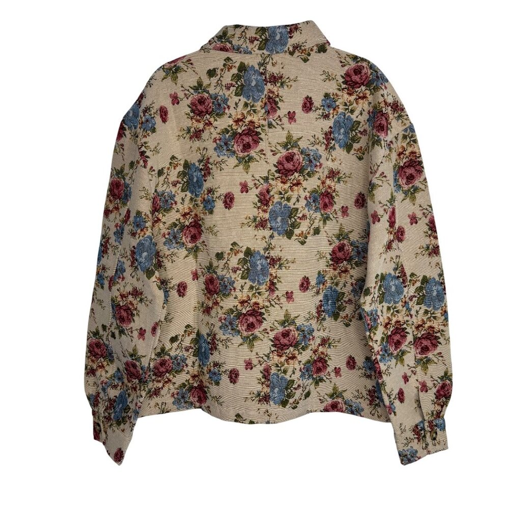 Floral Pattern Beige Zip-Up Jacket 2XL Pink & Blue Roses Lightweight - Picture 6 of 9